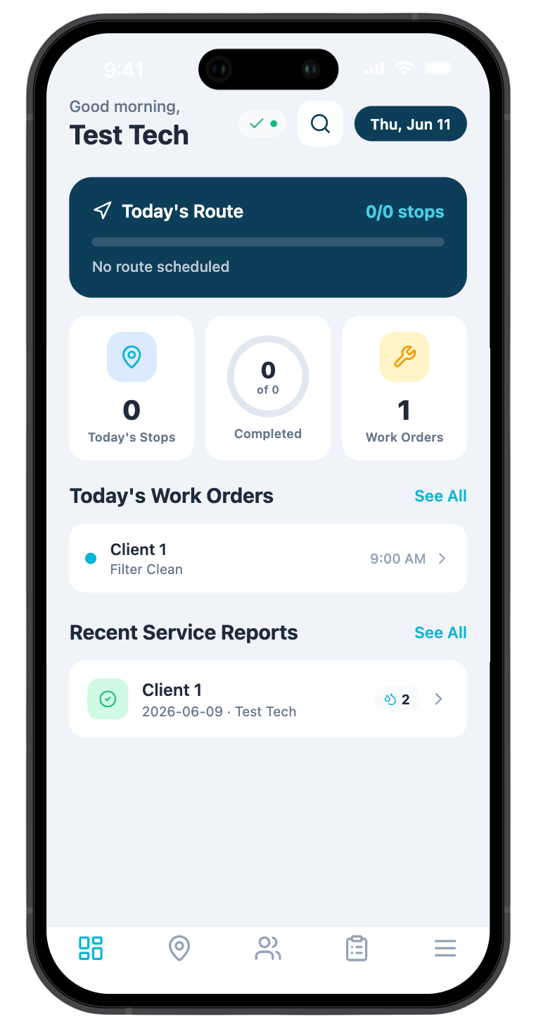 PoolPro Manager mobile dashboard showing today's route, work orders, and service reports