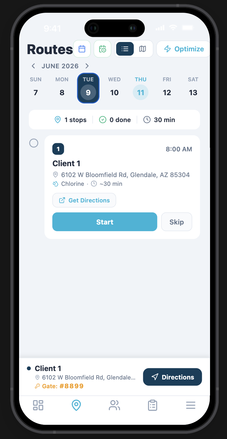 PoolPro routes screen