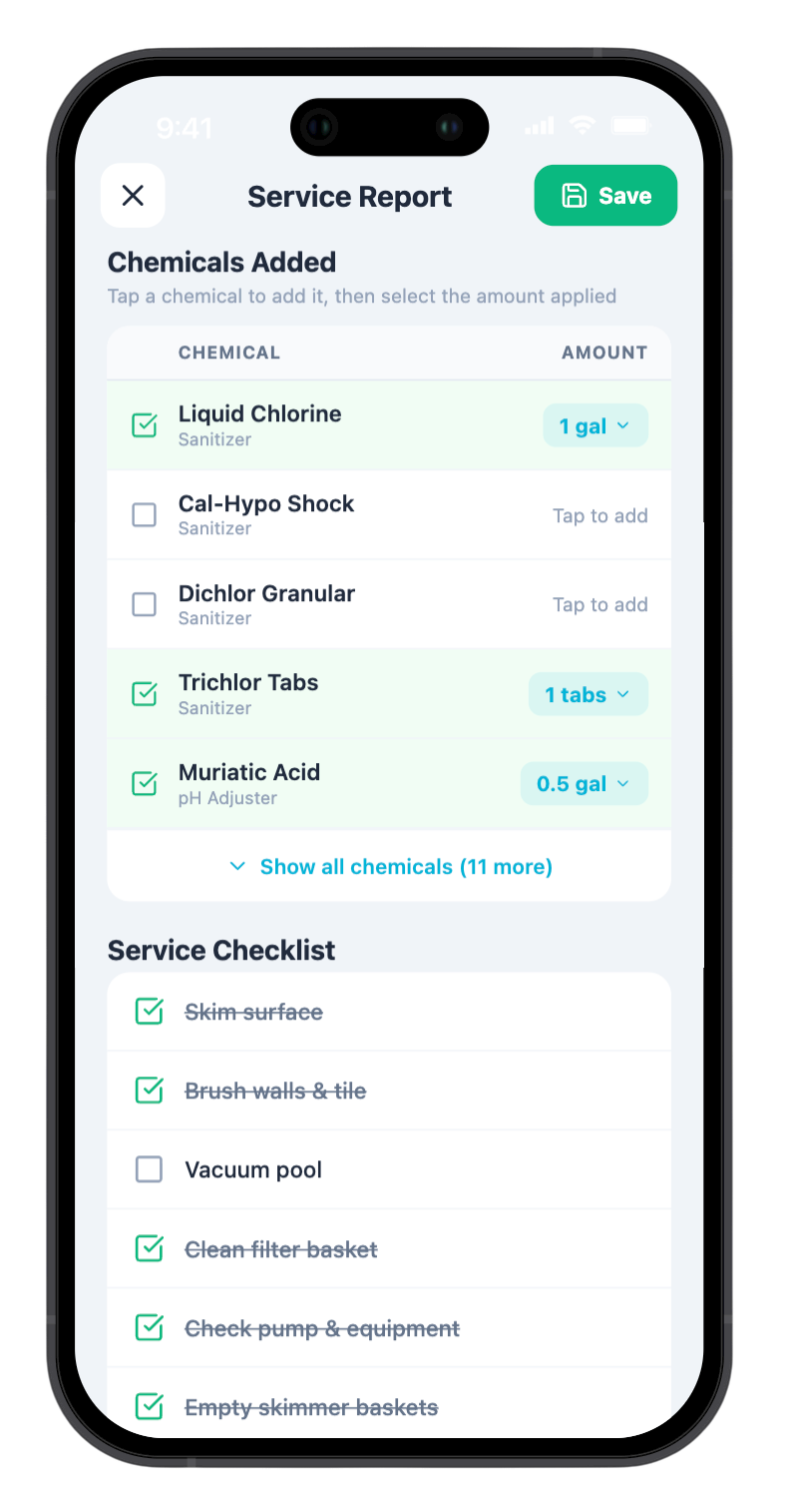 PoolPro service report screen
