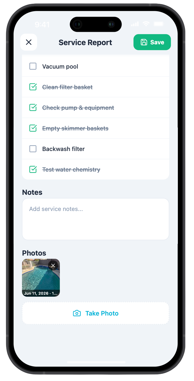 PoolPro service report screen