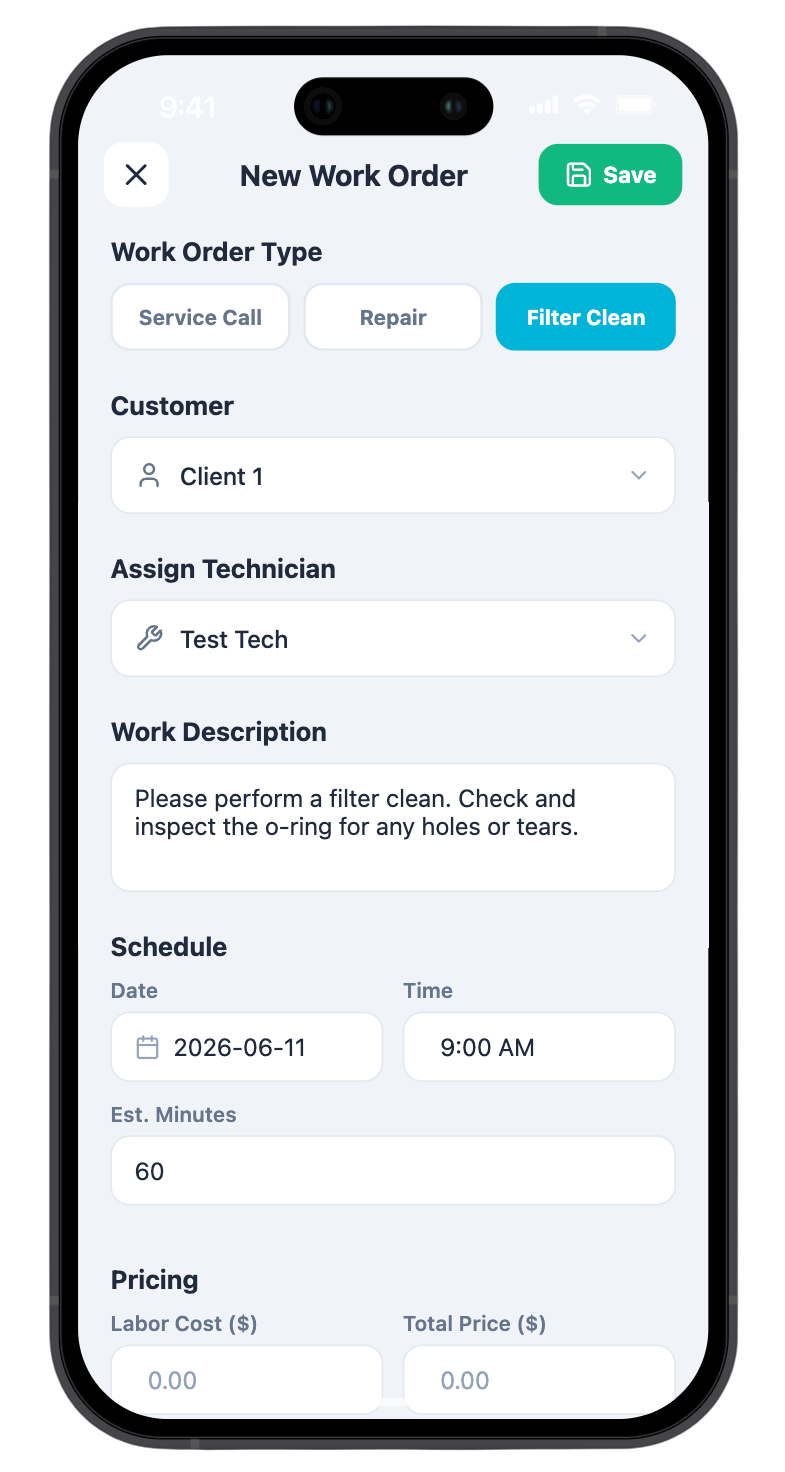 PoolPro work order screen