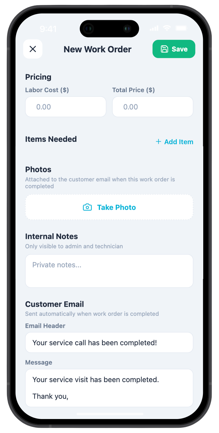 PoolPro work order screen